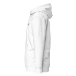 Hoodie blanc vu de côté avec petit motif vertical rouge et vert