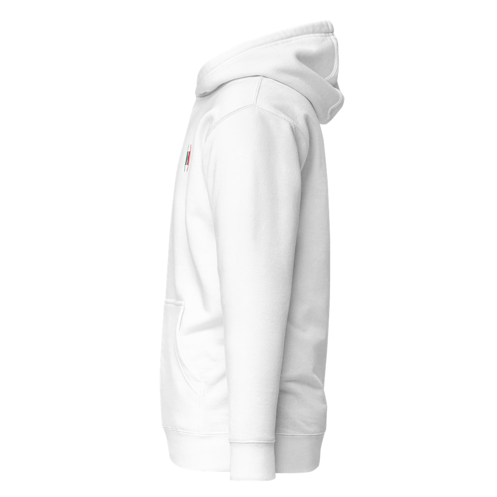 Hoodie blanc vu de côté avec petit motif vertical rouge et vert