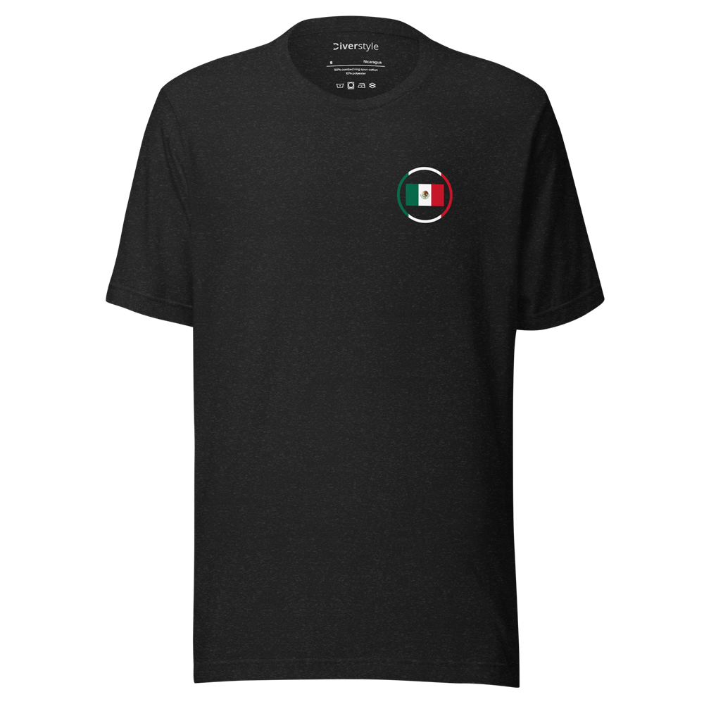 T‑shirt noir avec motif drapeau du Mexique – vue avant T‑shirt noir vu de face avec petit motif circulaire du drapeau du Mexique sur la poitrine gauche.