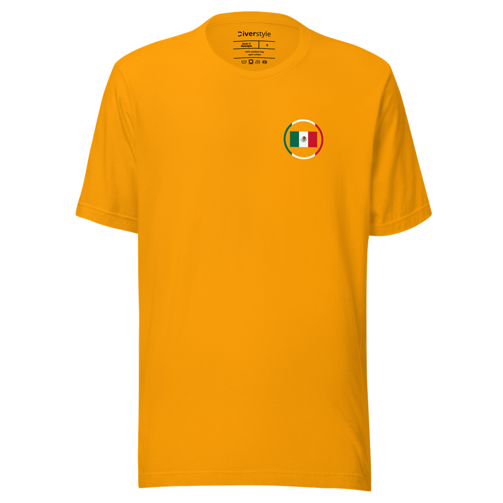 T‑shirt jaune écusson Mexique – Diverstyle T‑shirt jaune avec petit écusson rond du drapeau mexicain sur la poitrine.