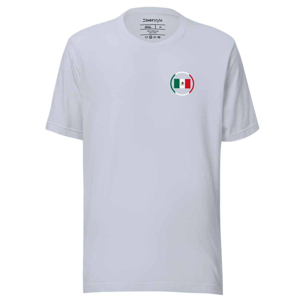 T‑shirt blanc écusson Mexique – Diverstyle T‑shirt blanc avec petit écusson rond du drapeau mexicain sur la poitrine.
