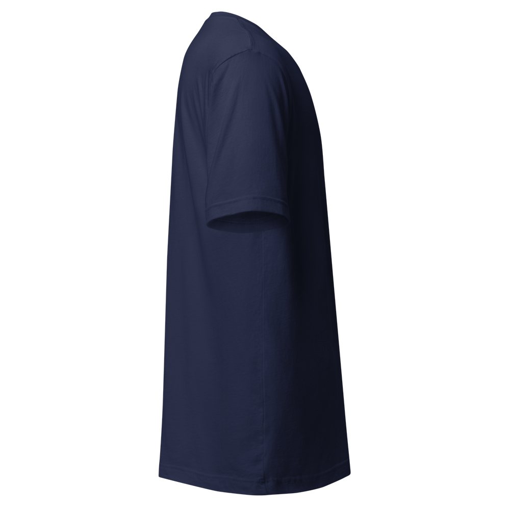 T‑shirt bleu marine uni vu de côté T‑shirt bleu marine uni à manches courtes, vu de profil, sans motif apparent.