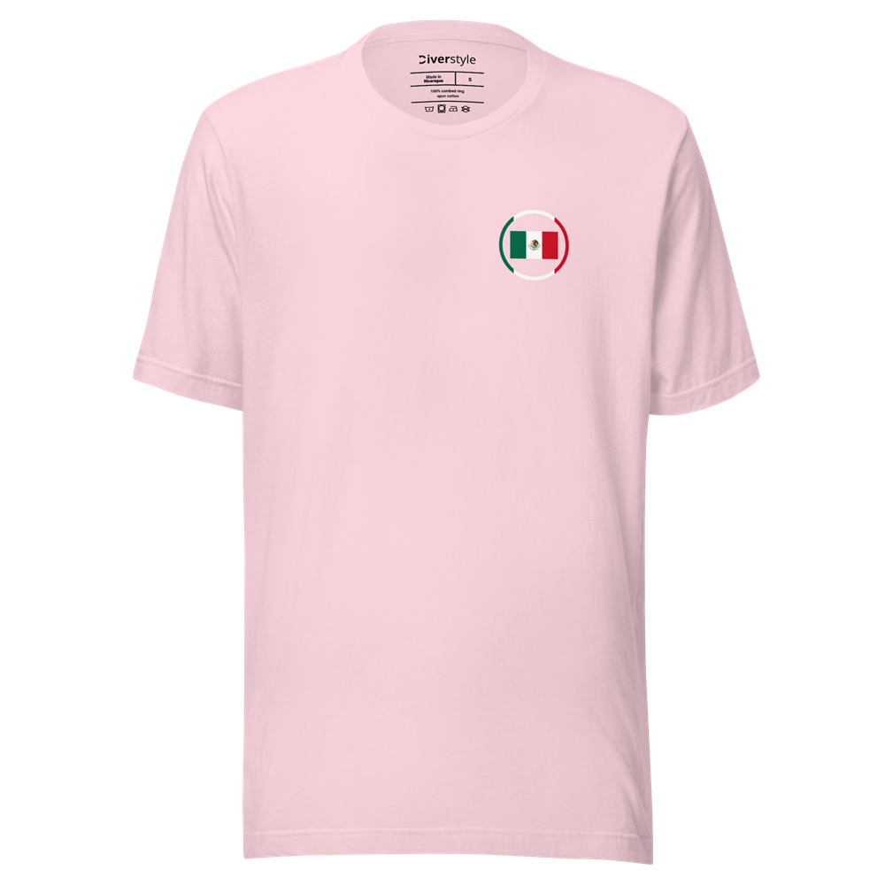 T‑shirt rose écusson Mexique – Diverstyle T‑shirt rose clair avec petit écusson rond du drapeau mexicain sur la poitrine.