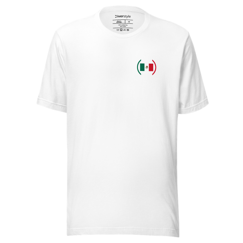 T‑shirt blanc avec motif minimaliste du drapeau mexicain encadré par des crochets vert et rouge.