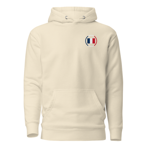 Hoodie beige vu de face, avec capuche, poche kangourou et drapeau français circulaire sur la poitrine gauche.