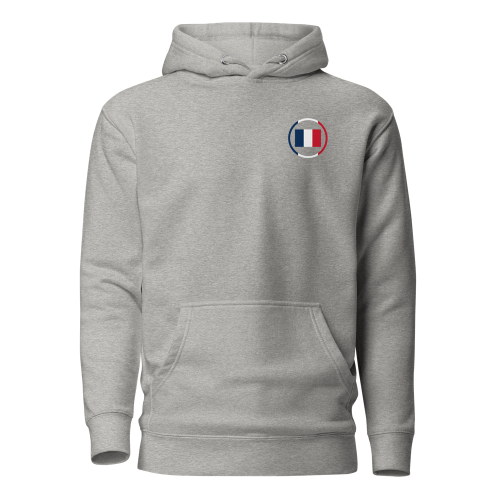 Hoodie gris clair vu de face, avec capuche, poche kangourou et drapeau français circulaire sur la poitrine gauche.