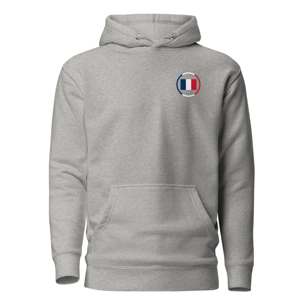 Hoodie gris clair vu de face, avec capuche, poche kangourou et drapeau français circulaire sur la poitrine gauche.