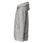 Hoodie gris clair vu de profil gauche, avec capuche, poche kangourou et petit écusson ovale tricolore sur la poitrine.