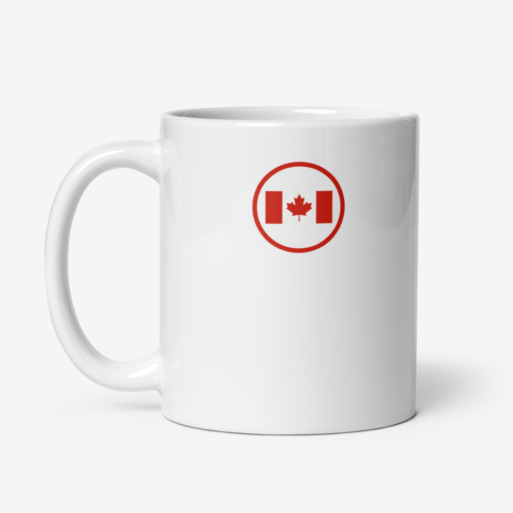 Mug en céramique blanche avec emblème rouge canadien, présenté en vue latérale.