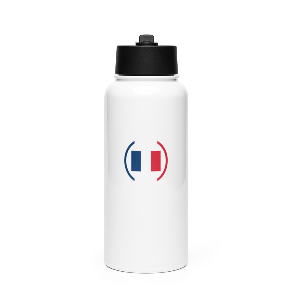 Gourde blanche vue de face avec drapeau français stylisé Gourde blanche vue de face avec bouchon noir et motif représentant le drapeau français stylisé en deux rectangles bleu et rouge entre parenthèses.