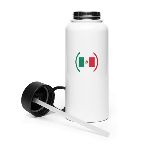 Gourde blanche isolée vue de face avec bouchon noir à paille et motif représentant un drapeau mexicain stylisé.